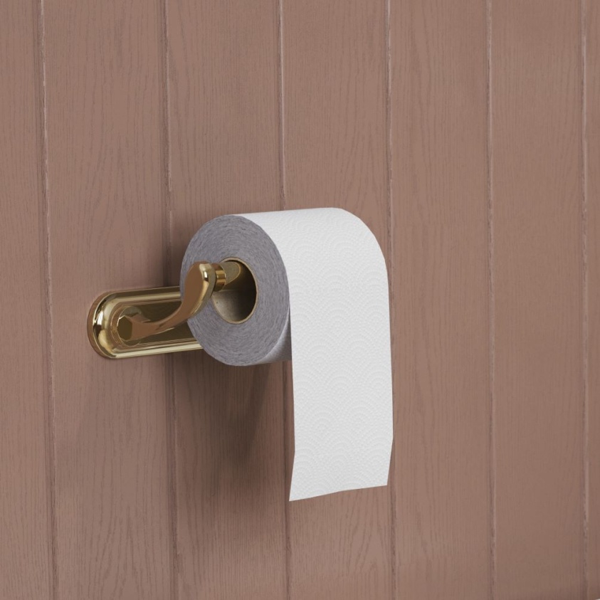 Close up lifestyle image of Burlington Guild Wall Mounted Gold Toilet Roll Holder